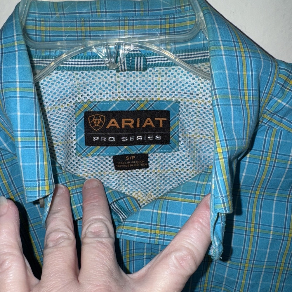 Ariat Pro Series Mens Aqua/yellow Plaid Long Sleeve Button Down Shirt Size Small - Picture 3 of 9